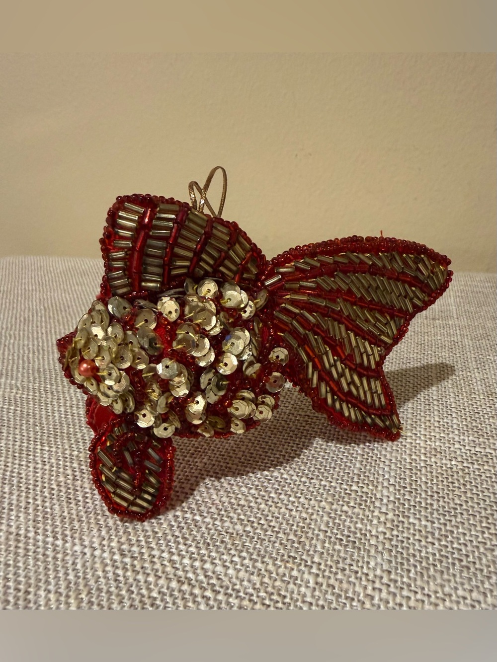 Vintage Handmade Beaded Sequin Goldfish Christmas Ornament Red Gold MCM Kitsch
